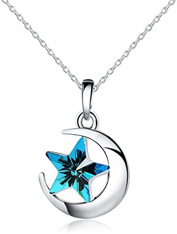 HERLINA Moon and Star Pendant Necklaces for Women's Made with Swarovski Crystals Jewelry, Chain 18 inch (Blue)