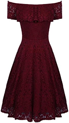 Kingdilor Women Vintage Floral Lace Off Shoulder Swing Dress for Cocktail Wedding Party (M, Wine Red)