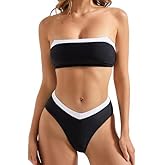 ZAFUL Women Strapless Ribbed High Cut Bandeau Bikini Lace Up 2 Pieces Swimwear 13-Black M
