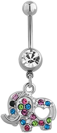 Elephant Colorful Birthstone Belly Button Sexy Cute Ring Dangle Stainless Steel Body Jewelry Piercing