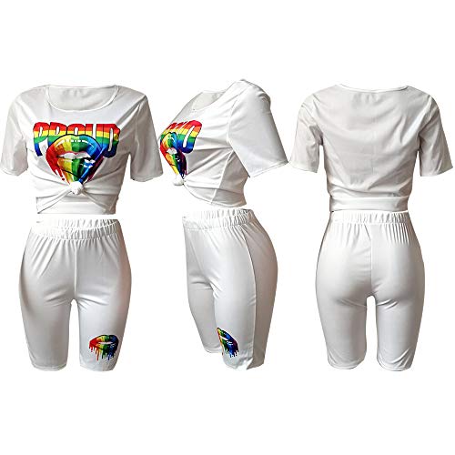 Womens Print Two Piece Sweatsuit Crew Neck Short Sleeve Crop Top and Skinny Short Pants Sets