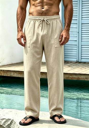 Cegerne Pantalones de Lino Hombre Largos Ligeros, Pantalón de Verano Casual con Cintura Elástica y Cordón, para Playa Vacaciones Medieval Vintage y Uso Diario