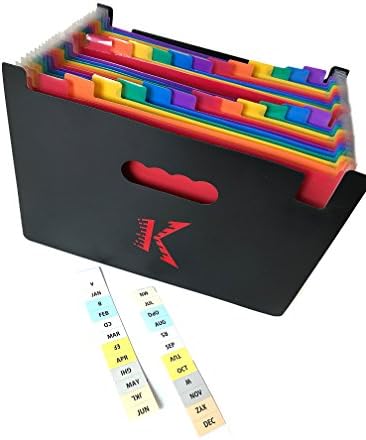 Expanding File Folder - with Labels for Months/Alphabet - Paperwork Document Organiser 24 Pocket - A4 Filing Box - Business Home Office Document - Portable Concertina Accordion Storage - by Knetik.