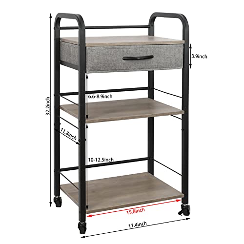 3 Tier Rolling Utility Carts with Drawer, End Table Nightstand Wood