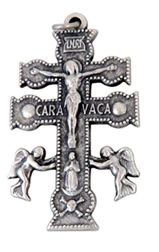 Silver Toned Base Cross of Caravaca with Angels and Skull Bones, 1 1/2 Inch