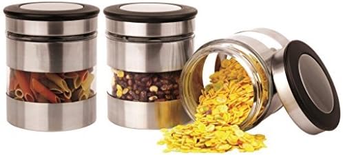 Home Fashions 3 Piece Kitchen Canisters, Glass and Stainless Steel Lids Storage Jar Set (Silver)