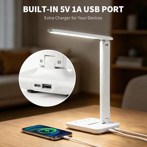 YAMYONE LED Desk Lamp with USB Port, Touch Control, Eye-Protection Light, 5 Color Modes and 5 Brightness Levels, Ideal for Bedroom, Study and Nightstand (White)