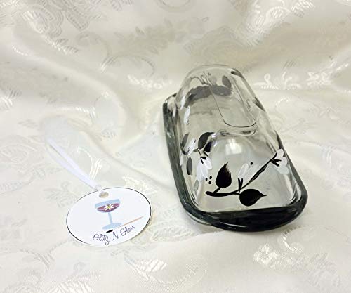 Hand Painted Glass Butter Dish With Black and White Floral Vine Pattern