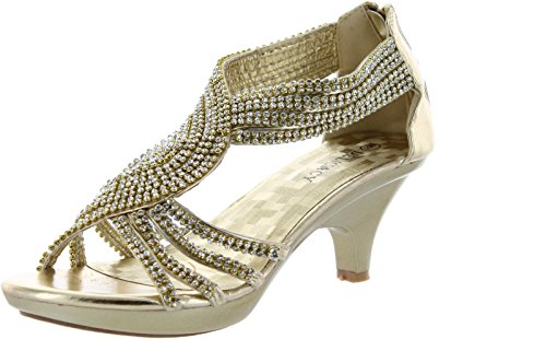 Delicacy Womens Angel-37 Strappy Rhinestone Dress Sandal Low Heel Shoes,Gold,10