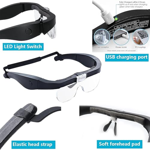 Magnifying Lens with LED Light for Hobbist Reading, Usb Rechargeable Eyeglasses Head-Mounted Magnification 5 x 3.5 x 2.5 x 1.5 x Professional for Elderly Visually Impaired Hands Free