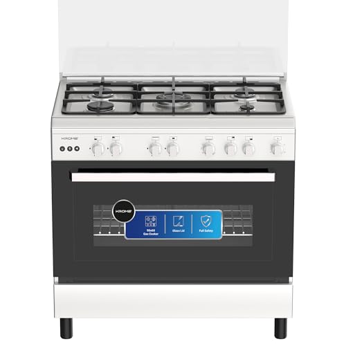 KROME 90x60cm Cooking Range, Matte Stainless Steel, Dual Layer Tempered Glass, Auto Ignition, Cast Iron Pan Support, Flame Failure Device, Adjustable Legs, LPG 28mbar, KR-CR9060G