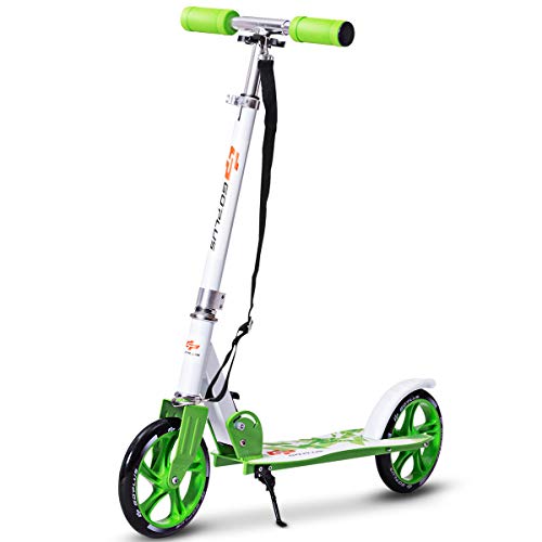 Goplus Folding Kick Scooter for Teen Deluxe Aluminum 2 Big PU Wheels Glider Adjustable Height w/ Kickstand for Kids, 220lbs Capacity