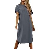 Dyexces Summer Dress for Women Crew Neck Short Sleeve Solid Basic T-Shirts Casual Midi Dresses with Pocket