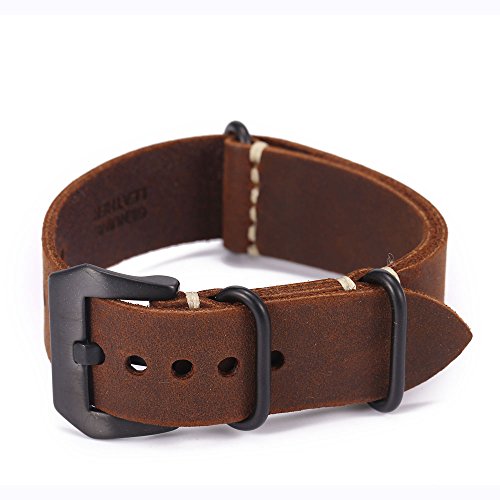 Carty Replacement Watch Band Strap Vintage Handmade Crazy Horse Leather Zulu Nato 24mm Dark Brown