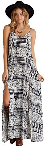 Entro Women's Damask Print Maxi Dress with Tassel Belt (Large, Black)