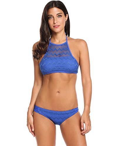 Ekouaer Swimsuits Women Tank Padding Bikini Set High Neck Bathing Suit (Blue, Medium)