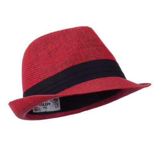 Pleated Hat Band Straw Fedora Hat - Red OSFM