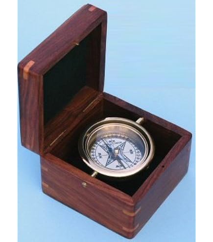 Bussola Nautica In Ottone Con Sospensione Cardanica - Scatola In Legno Con Vetro - Decorazione O Uso Base, Diametro 7 Cm