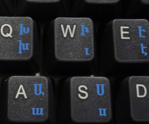 ARMENIAN KEYBOARD STICKERS WITH BLUE LETTERING TRANSPARENT BACKGROUND FOR DESKTOP, LAPTOP AND NOTEBOOK