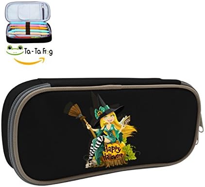 Fine stationery Cartoon Little Witch With a Broom Boy's&amp;Girl's Canvas Pencil Pouch Cute For College (Black)