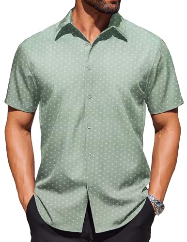 COOFANDY Shirt for Men Short Sleeve Wrinkle Resistant Textured Dress Shirts Summer Button Down Shirt Light Green at Amazon