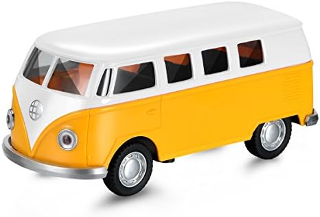 AMTOP Pull Back Vehicles, 1:32 Scale Alloy Die-cast Bus with LED Headlights and Music, Mini Pull Back and Go Car Toy Play Sets for Kids Toddlers (Bus, Yellow)