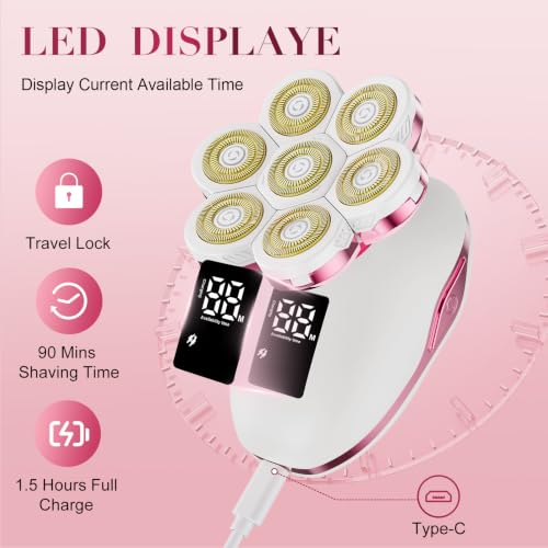 3-in-1 Electric Razors for Women, 7D Hypoallergenic Blades, Painless Shaver | With Facial Brush & Trimmer, IPX7 Waterproof Wet & Dry, USB-C Fast Charge, LED Display, For Face, Legs, Arms and Bikini Area
