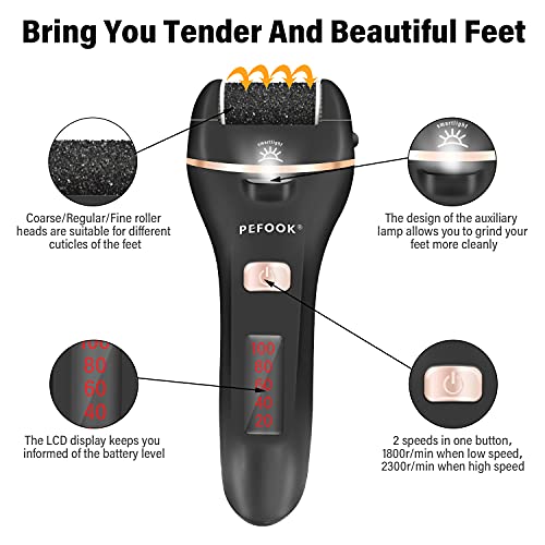 Electric Foot Callus Remover Kit，Rechargeable Pedicure Tools Foot Care Feet File With 3 Roller Heads，Remove Cracked Heels Calluses and Dead Skin，2 Speed,Battery Display (Black)