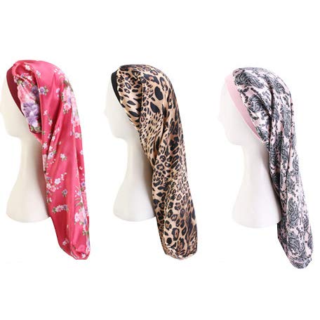 DEPHNARSA 3 Pieces Long Satin Bonnet Sleep Caps for Women Curly,Braids, Dreadlocks, Long Hair Soft Elastic Band (D-Long Printed)