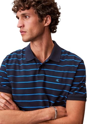 Uomo Maglietta Polo Maniche Corte Striped Pique con Chiusura con Bottoni, Blu (Dark Sapphire), M