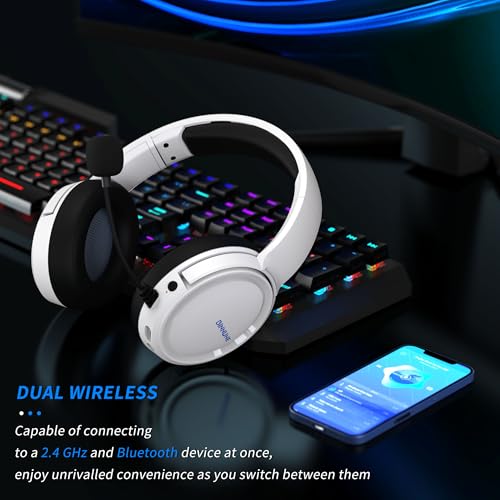 BINNUNE Wireless Gaming Headset, 2.4GHz Gaming Headphones for PS4, PS5, PC, NS, 5.2 Bluetooth Headphones with 40Hr Battery, Noise Canceling Microphone, 3.5mm Wired Mode for Xbox Series - White