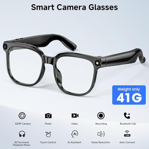 AI Smart Glasses with Camera, 4K 800W HD Video Recording Glasses with Audio, Bluetooth Sunglassess with Camera, Real-Time Translation, Voice Assistant, Object Recognition, Hands-Free Music Calls