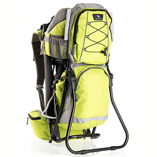 DROMADER Baby Toddler Hiking Backpack Carrier Hippo Childs up to 485lbs Adjustable Seat Comfortable for Parents Practical Pockets with Sunroof Rain Cover All Seasons Lime Grey