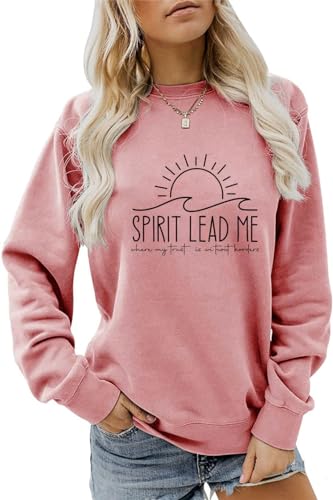 Quzawgohe Womens Inspirational Christian Sweatshirt Spirit Lead Me Long Sleeve Casual Letter Pullover Top Rose Gold at Amazon