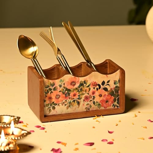 Brick Brown ® Premium Wooden Pastel Flora Cutlery Holder Spoon stand for kitchen | cutlery holder for dining table | wooden caddy storage organiser stand with 3 section Caddy holder (8.2x4.2x4 inch)