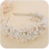 Teyglen Wedding Pearl Crystal Beads Tiara Bridal Silver Rhinestone Hair Crown Headband Floral Hair Pieces Hair Accessories for Wedding Prom Birthday Party
