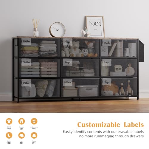 PURFINO Fabric Chest of Drawers - Large TV Stand for 43-65 Inch with 9 Drawers, Label Cards, Side Pocket and Hook, Dresser for Living Room, Hallway, Bedroom