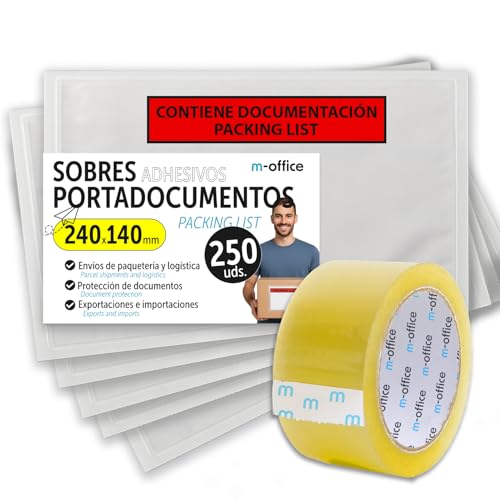 Self-Adhesive Document Bags 240 x 140 mm, Packing List, Transparent Delivery Note Bags for Shipments, Invoices, Delivery Notes, Waterproof with Strong Adhesion - m-Office (250 Pieces + Adhesive Tape)