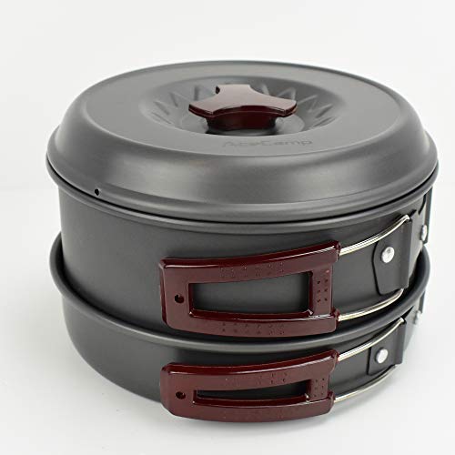 AceCamp Hard-Anodized Portable Camping Cookware Set, Stackable Nonstick Aluminum Cooking Mess Kit, Lightweight Family Pots, Pans, Cups, Bowls & More with Mesh Carrying Bag (Medium - 2-3 Person Set)