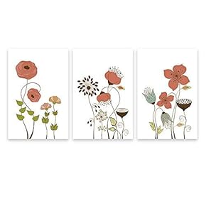3 Panel Hand Drawing Style Flowers on White...