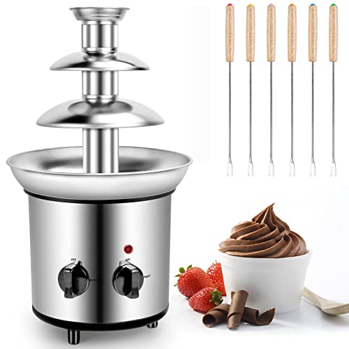 Outamateur Chocolate Fondue Fountain 32-Ounce Stainless Steel Electirc Chocolate Fondue Set,Chocolate Melting Foundue Set for Chocolate/Butter/Candy (3-Tier + 6 Forks, Silver)