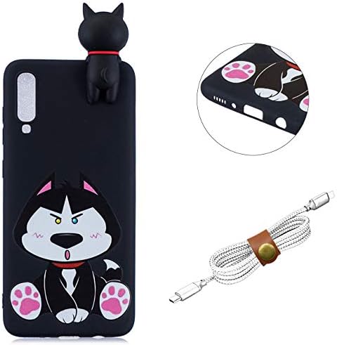 QY Mart 3D Cartoon Case Compatible for Samsung Galaxy A70 Cute Animal Design Soft TPU Rubber Bumper Slim Silicone Case Candy Color Skin Back Cover with USB Cable Ties - Black Dog