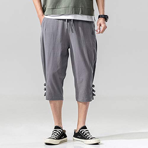 ZEFOTIM Pants for Men Fashion Summer Casual Solid Drawstring Cotton Linen 3/4 Pants Trousers(Gray,Medium)