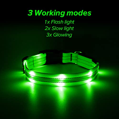 Candofly Rechargeable Light Up Dog Collars - Nylon Breathable LED Dog Collar Double Lights Glowing Pet Collars Perfect for Night Walking Keep Your Dogs & Cats Be Safe (Green, Small)