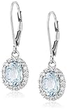 Sterling Silver Oval Blue Topaz Halo Leverback Earrings