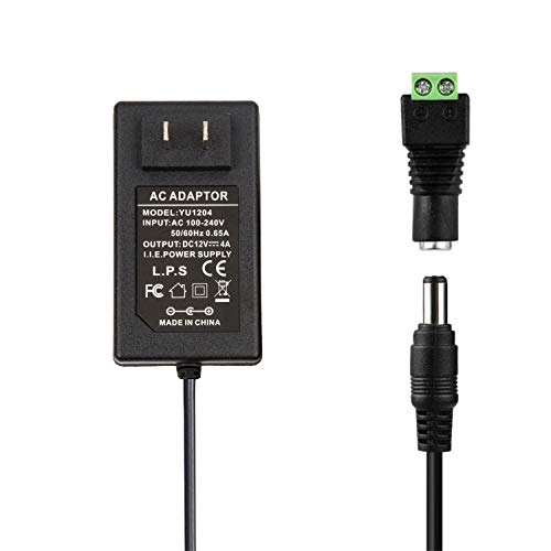 COOLM DC 12V 4A 48W Power Supply AC 100-240V 50/60Hz to DC 12V AC/DC Power Adapter with 5.5x2.5mm DC Plug + 5.5x2.1mm DC Female Jack Socket for 12V LED Strip Lights