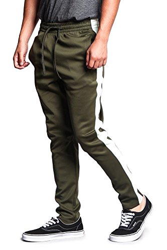 G-Style USA Men's Regular Cuff Non-Ankle Zip Contrast Outer Side Stripe Slim Fit Stretch Drawstring Track Pants TR522 - Olive/Off-White - X-Large - S1C