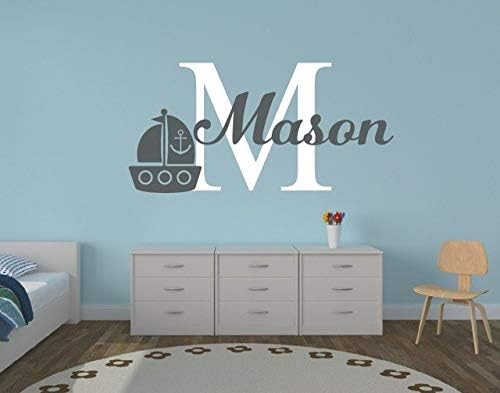 Customized Name Initial Sailboat Wall Sticker for Kids Boys Nursery Bedroom Mural Wall Decal Vinyl Home Decor Poster Mural S-342
