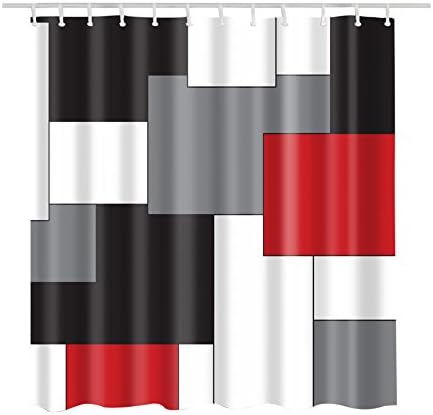 Custom Best White,Grey,Black and Red Irregular Geometric Splicing Shower Curtain Waterproof / Mildew Resistant Polyester Fabric Decorative Bathroom Shower Curtains with 12 Shower Rings, 66 x 72 inch