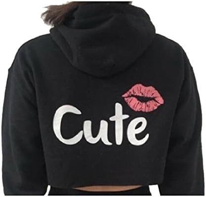 XiaoShop Women's Cute Crop Top Lips Letter Printed Long Sleeve Hoodies Sweatshirts Black XSmall